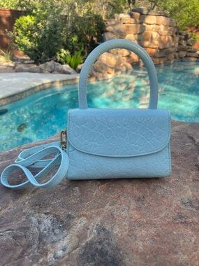 BY FAR Light Blue Croc-Embossed Mini Top-Handle Bag with Crossbody Strap (CdlG)